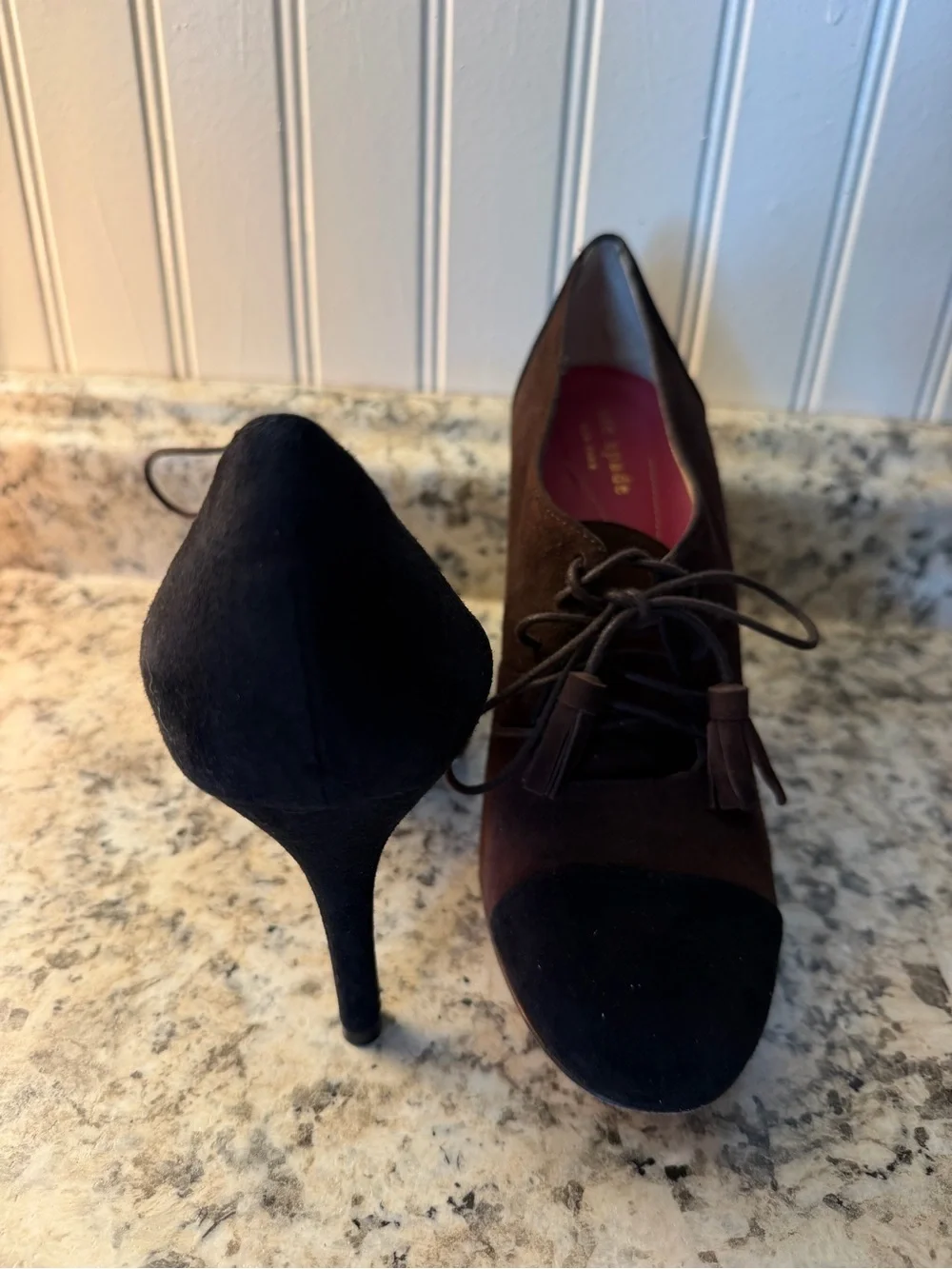 kate spade Brown and Black Suede Lace-Up Heels Tassel Laces Fall Cozy Witch